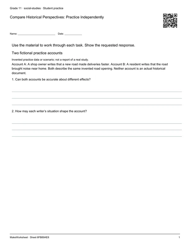 Compare Historical Perspectives: Practice Independently: first student practice page