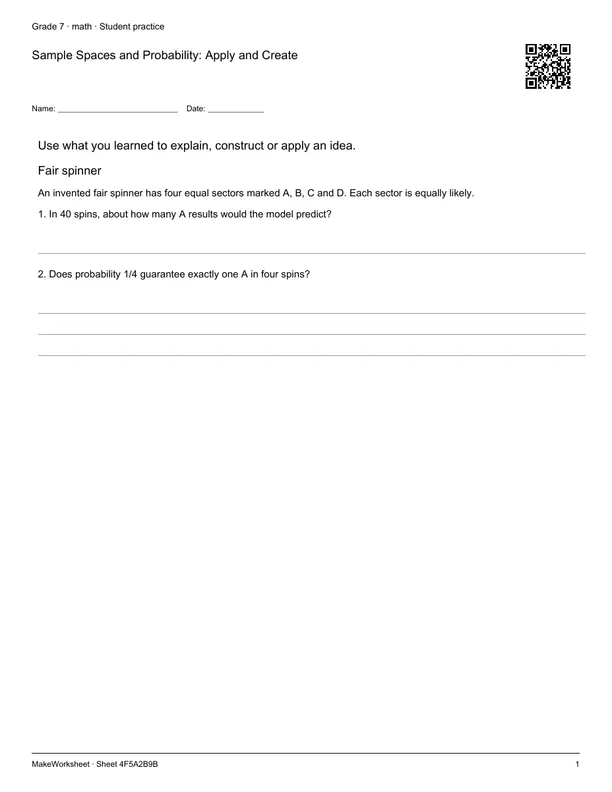 Sample Spaces and Probability: Apply and Create: first student practice page