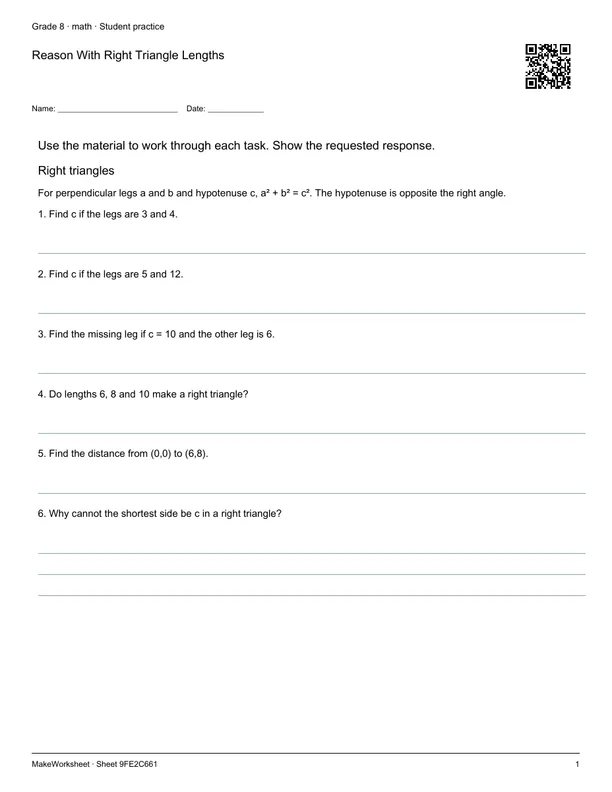 Reason With Right Triangle Lengths: first student practice page