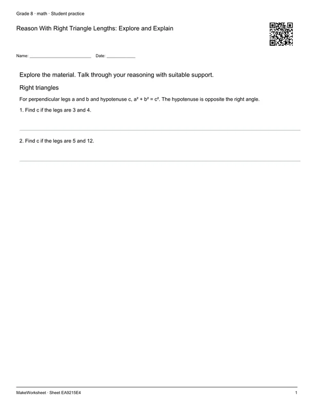 Reason With Right Triangle Lengths: Explore and Explain: first student practice page