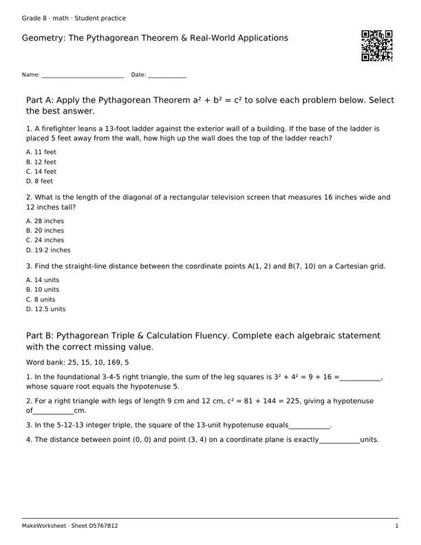Geometry: The Pythagorean Theorem & Real-World Applications: first student practice page