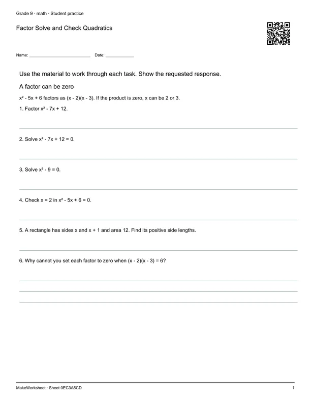 Factor Solve and Check Quadratics: first student practice page