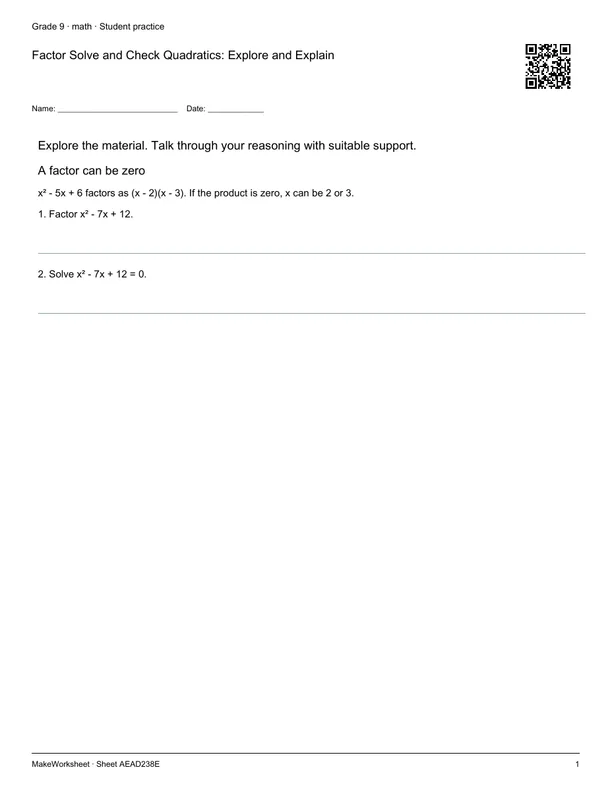 Factor Solve and Check Quadratics: Explore and Explain: first student practice page