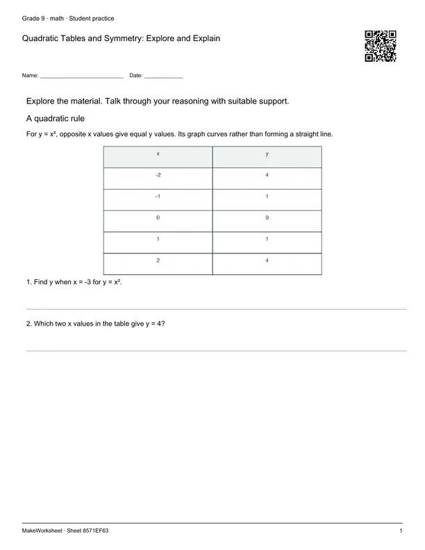 Quadratic Tables and Symmetry: Explore and Explain: first student practice page