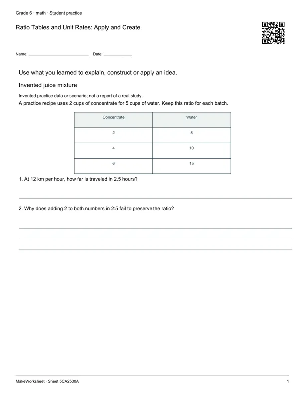 Ratio Tables and Unit Rates: Apply and Create: first student practice page
