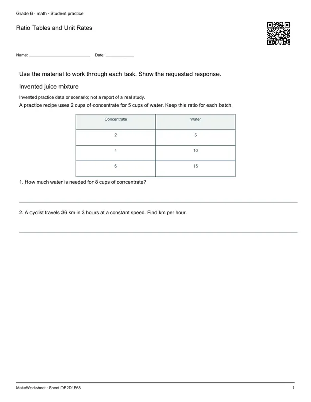 Ratio Tables and Unit Rates: first student practice page