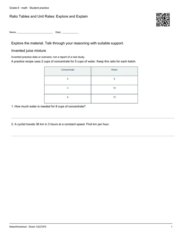 Ratio Tables and Unit Rates: Explore and Explain: first student practice page