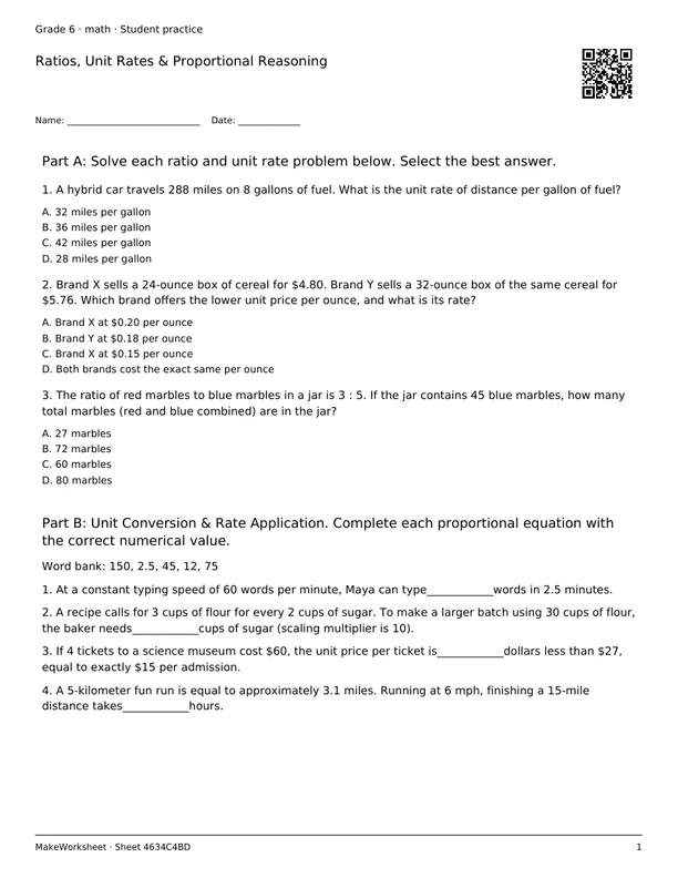 Ratios, Unit Rates & Proportional Reasoning: first student practice page