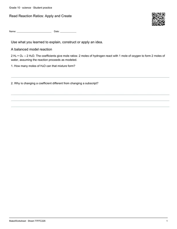 Read Reaction Ratios: Apply and Create: first student practice page