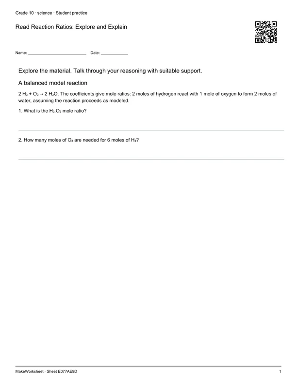 Read Reaction Ratios: Explore and Explain: first student practice page