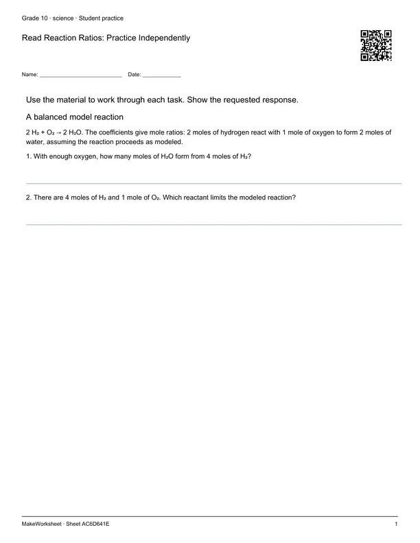 Read Reaction Ratios: Practice Independently: first student practice page