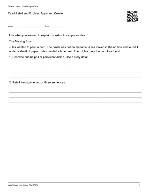Read Retell and Explain: Apply and Create: first student practice page