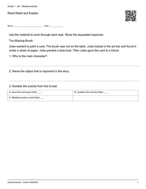 Read Retell and Explain: first student practice page