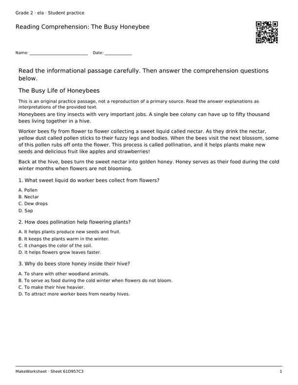 Reading Comprehension: The Busy Honeybee: first student practice page