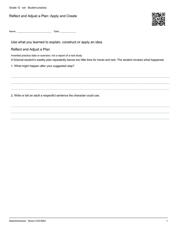 Reflect and Adjust a Plan: Apply and Create: first student practice page