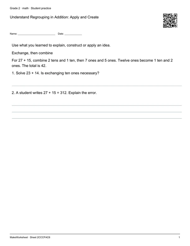 Understand Regrouping in Addition: Apply and Create: first student practice page