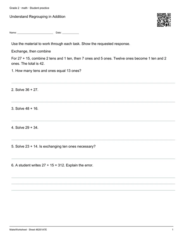 Understand Regrouping in Addition: first student practice page