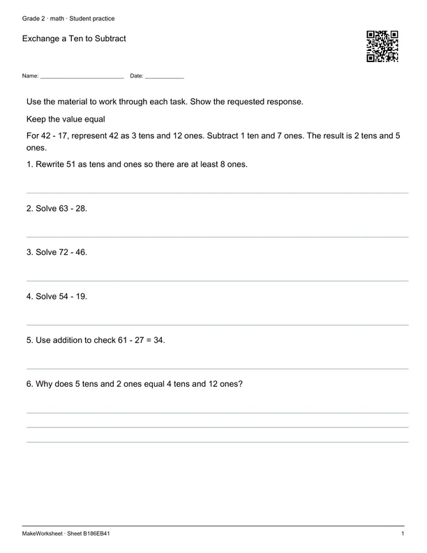 Exchange a Ten to Subtract: first student practice page