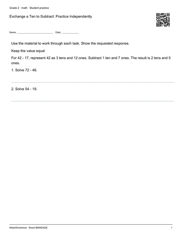 Exchange a Ten to Subtract: Practice Independently: first student practice page
