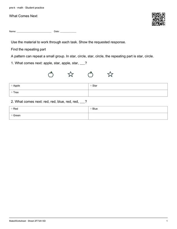 What Comes Next: first student practice page