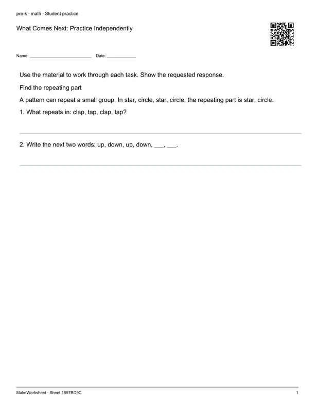 What Comes Next: Practice Independently: first student practice page