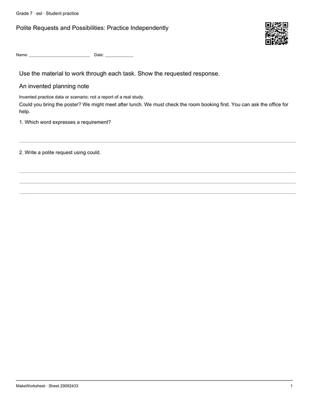Polite Requests and Possibilities: Practice Independently: first student practice page