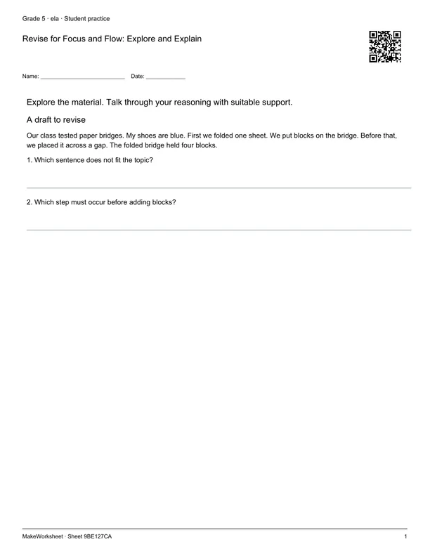 Revise for Focus and Flow: Explore and Explain: first student practice page