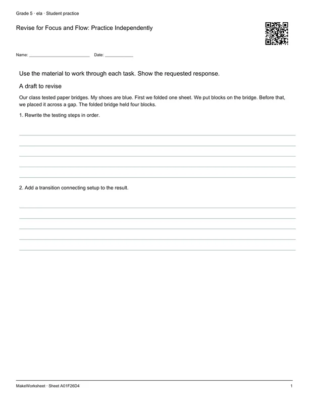 Revise for Focus and Flow: Practice Independently: first student practice page
