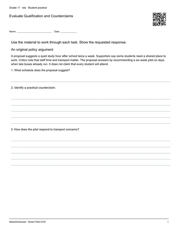 Evaluate Qualification and Counterclaims: first student practice page