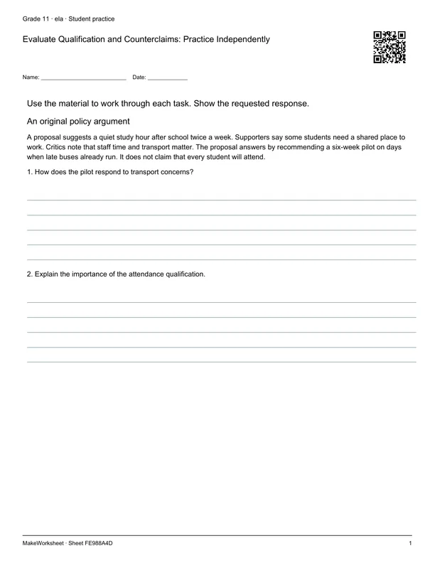 Evaluate Qualification and Counterclaims: Practice Independently: first student practice page