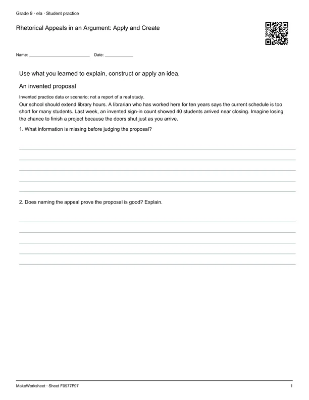 Rhetorical Appeals in an Argument: Apply and Create: first student practice page