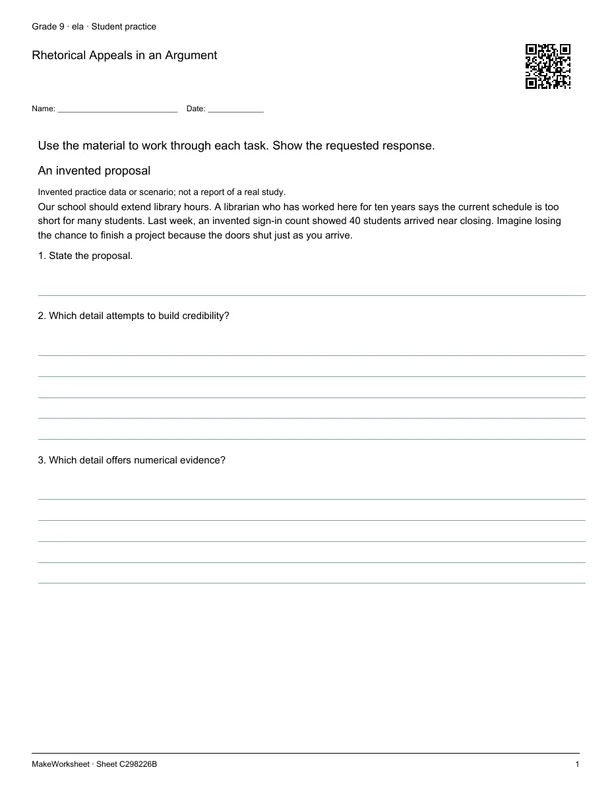 Rhetorical Appeals in an Argument: first student practice page