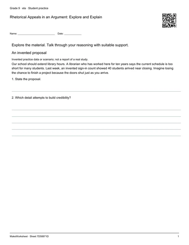 Rhetorical Appeals in an Argument: Explore and Explain: first student practice page
