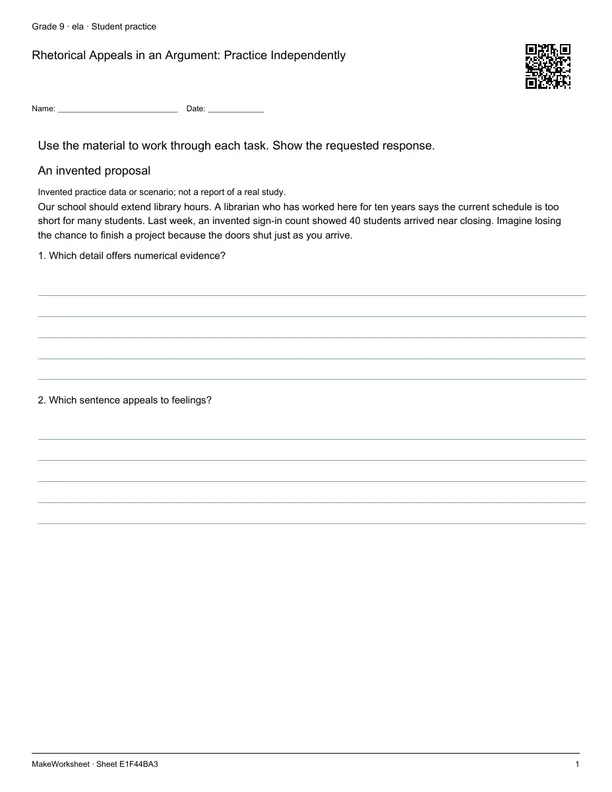 Rhetorical Appeals in an Argument: Practice Independently: first student practice page