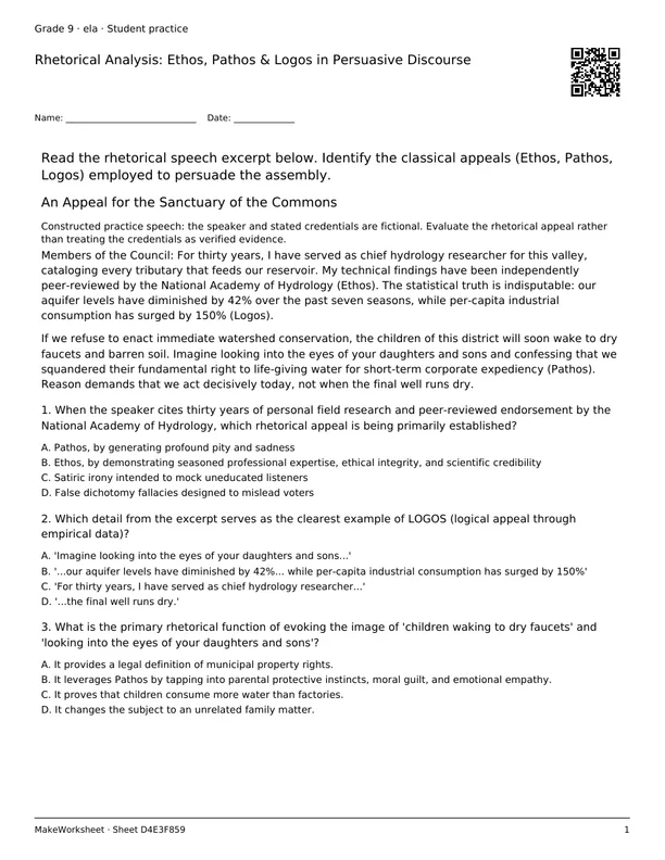Rhetorical Analysis: Ethos, Pathos & Logos in Persuasive Discourse: first student practice page