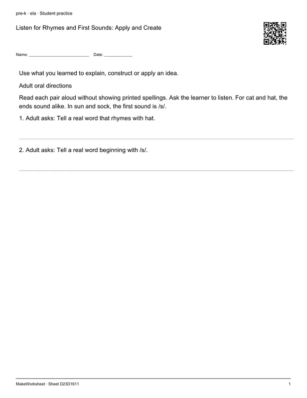Listen for Rhymes and First Sounds: Apply and Create: first student practice page