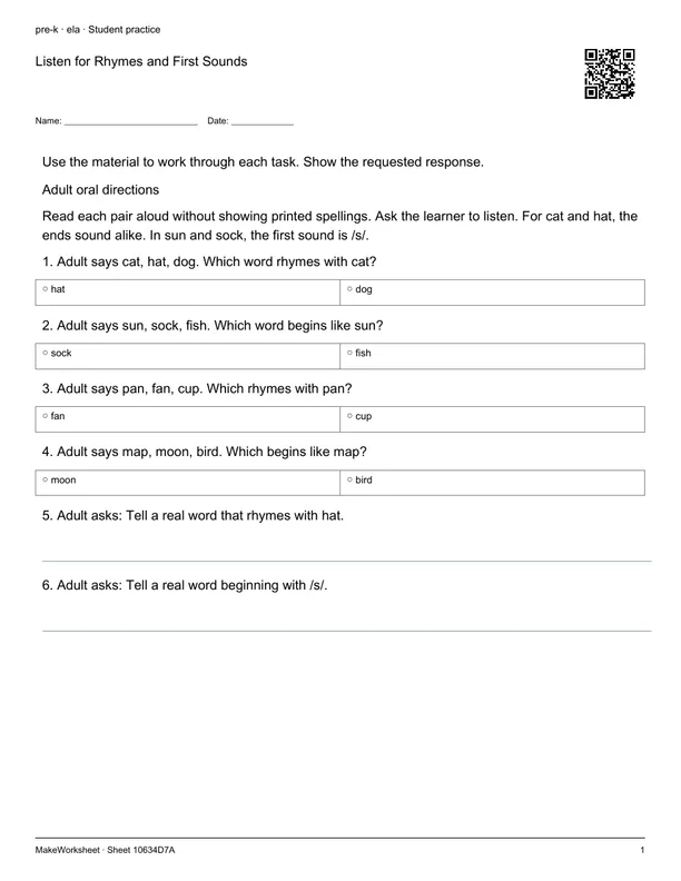 Listen for Rhymes and First Sounds: first student practice page