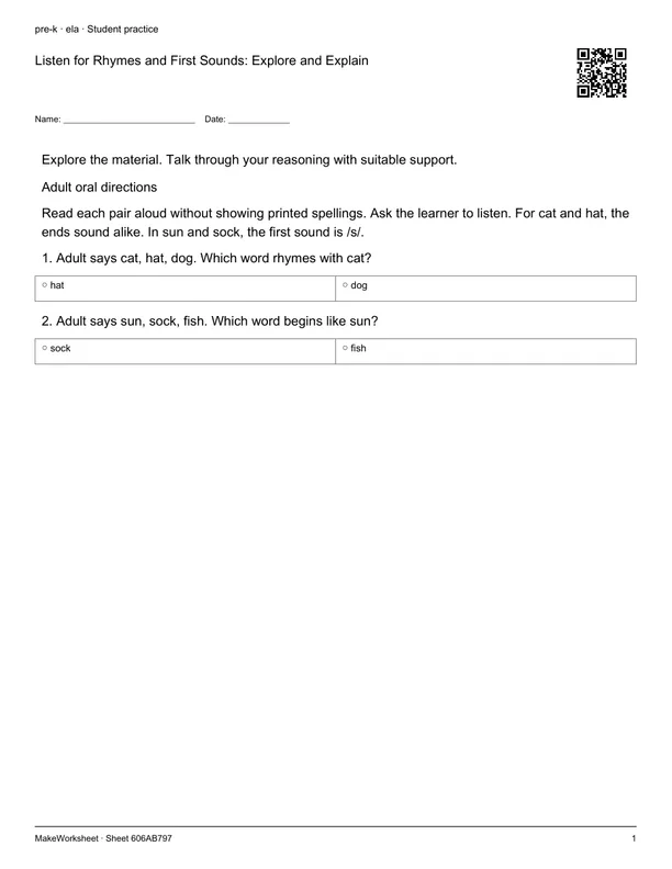 Listen for Rhymes and First Sounds: Explore and Explain: first student practice page
