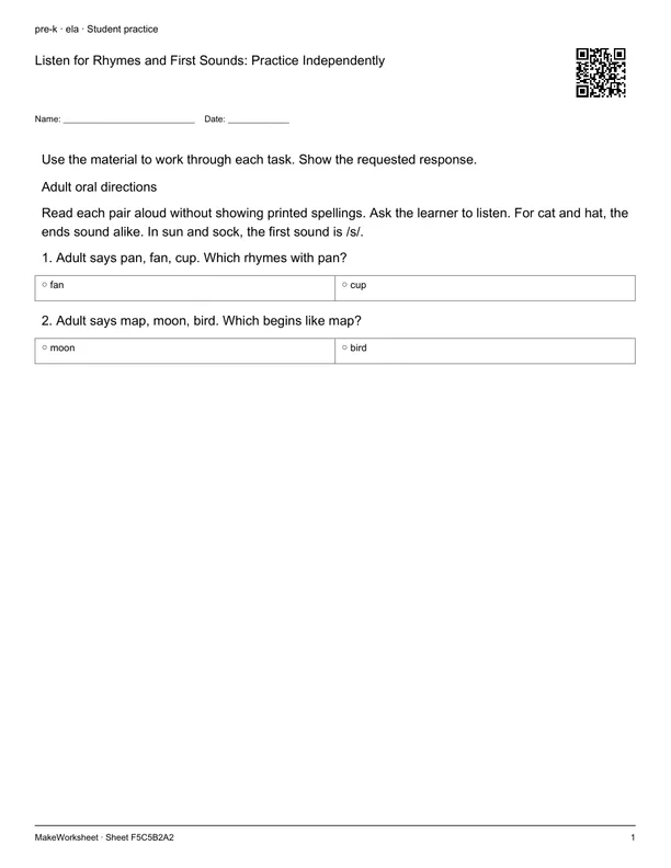 Listen for Rhymes and First Sounds: Practice Independently: first student practice page