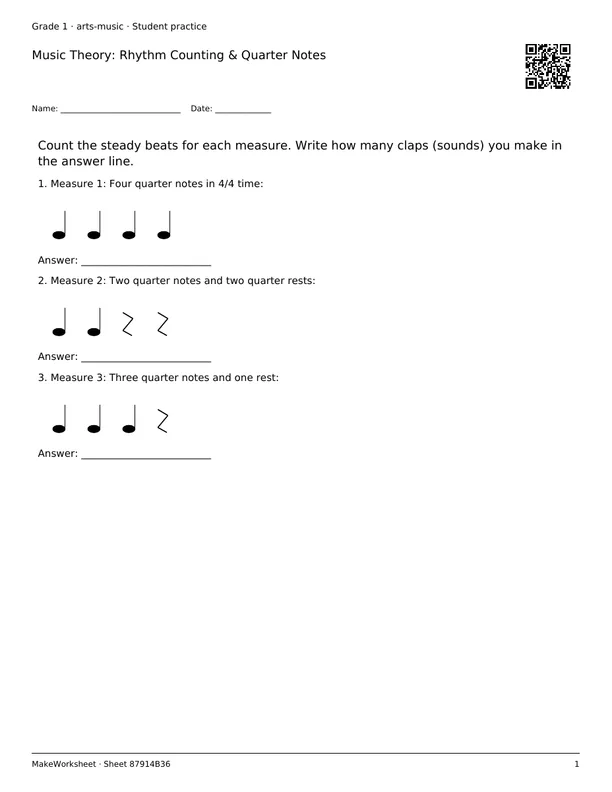 Music Theory: Rhythm Counting & Quarter Notes: first student practice page