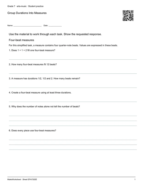 Group Durations Into Measures: first student practice page