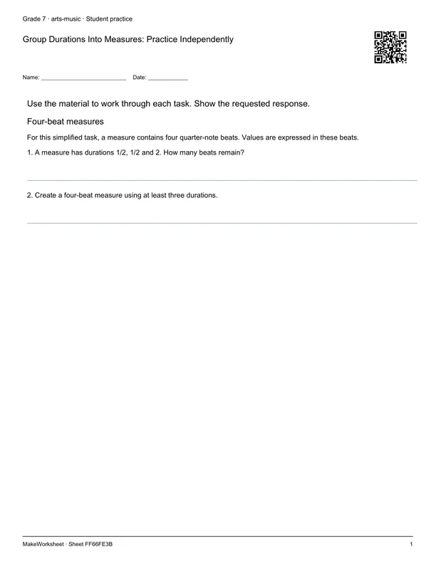 Group Durations Into Measures: Practice Independently: first student practice page