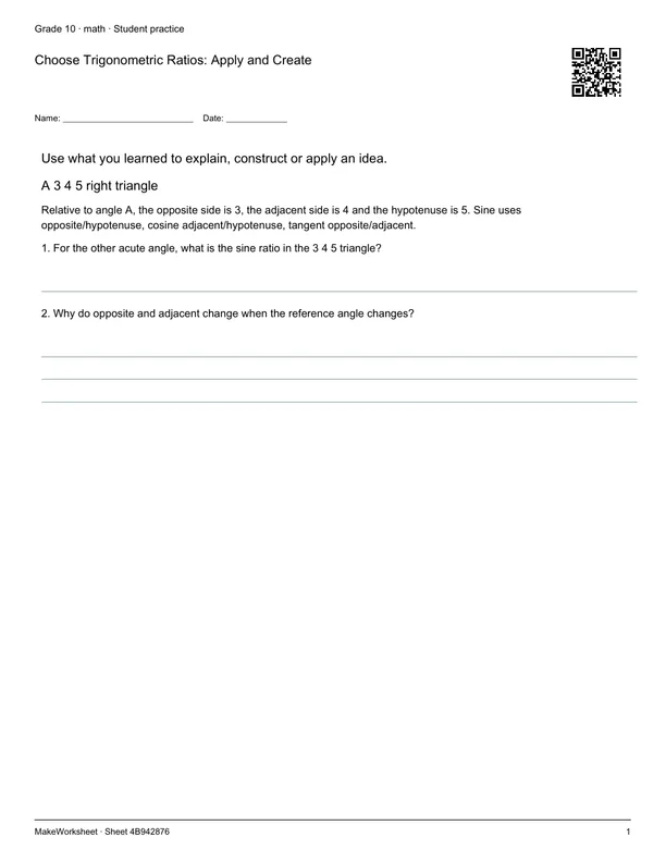 Choose Trigonometric Ratios: Apply and Create: first student practice page