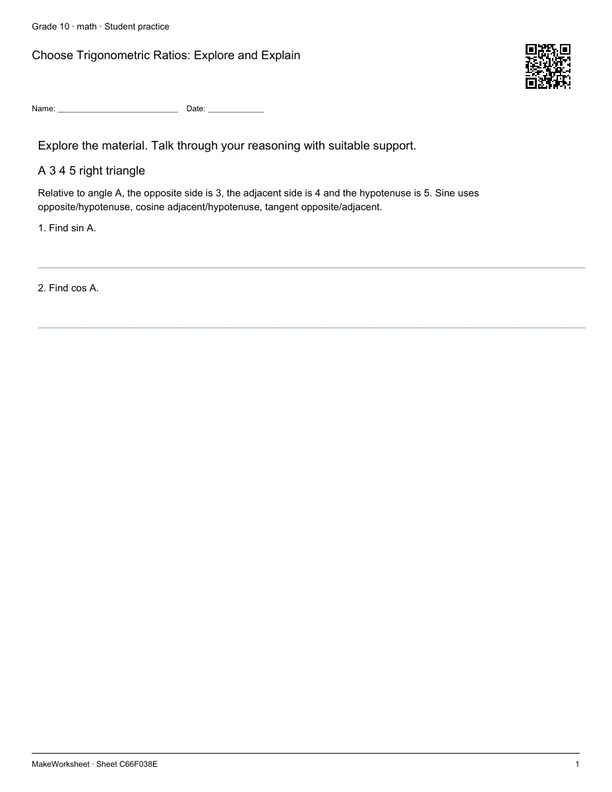 Choose Trigonometric Ratios: Explore and Explain: first student practice page