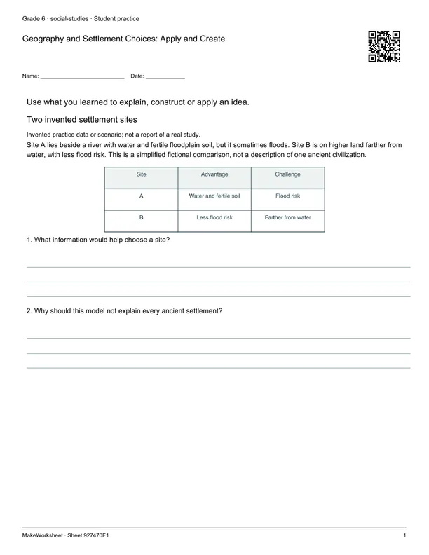 Geography and Settlement Choices: Apply and Create: first student practice page