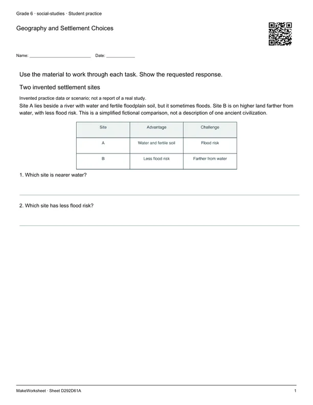 Geography and Settlement Choices: first student practice page