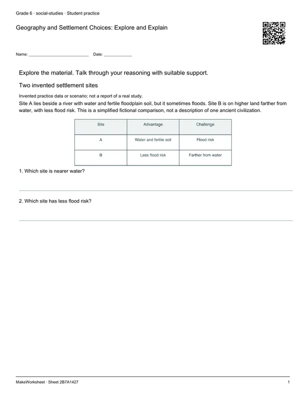 Geography and Settlement Choices: Explore and Explain: first student practice page