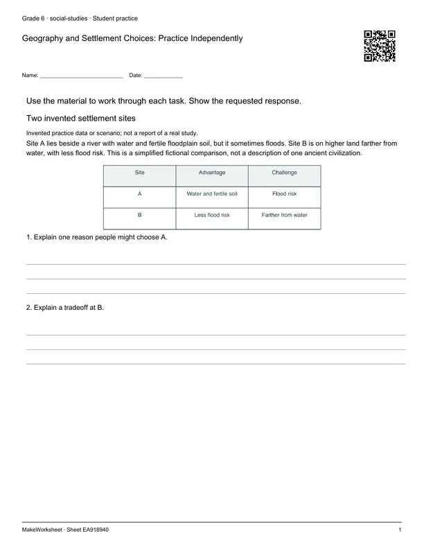 Geography and Settlement Choices: Practice Independently: first student practice page
