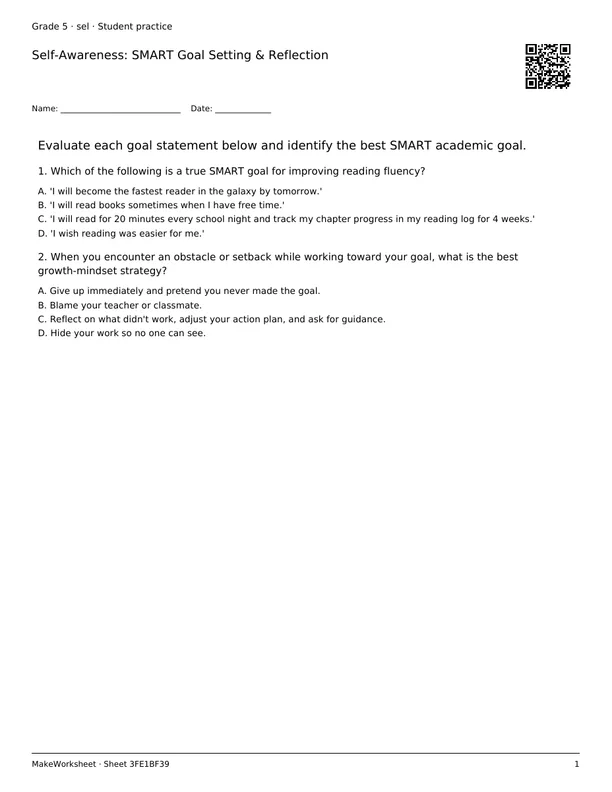 Self-Awareness: SMART Goal Setting & Reflection: first student practice page