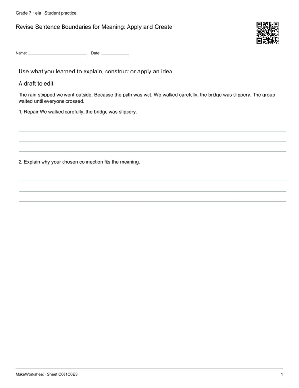 Revise Sentence Boundaries for Meaning: Apply and Create: first student practice page